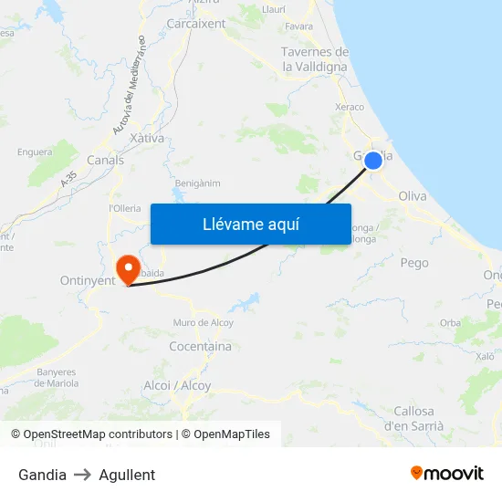 Gandia to Agullent map