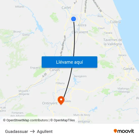 Guadassuar to Agullent map