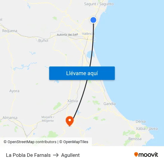 La Pobla De Farnals to Agullent map