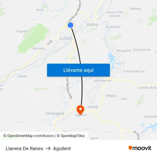 Llanera De Ranes to Agullent map