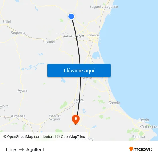 Llíria to Agullent map