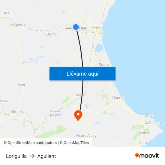 Loriguilla to Agullent map