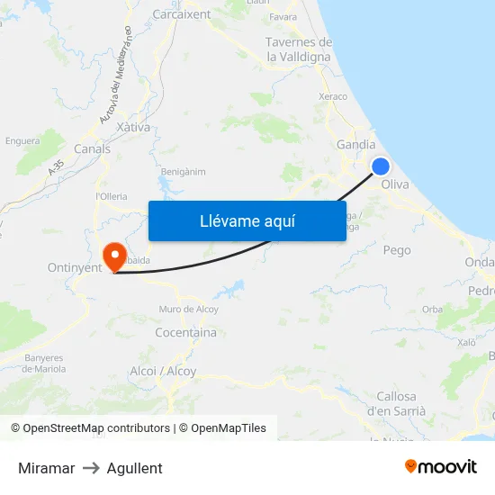 Miramar to Agullent map