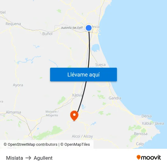 Mislata to Agullent map