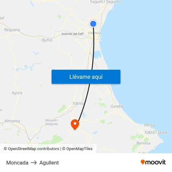 Moncada to Agullent map