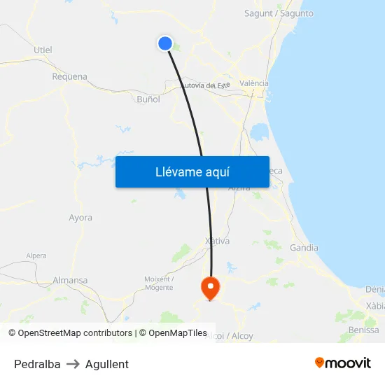 Pedralba to Agullent map