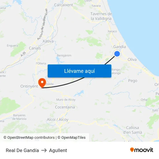 Real De Gandía to Agullent map