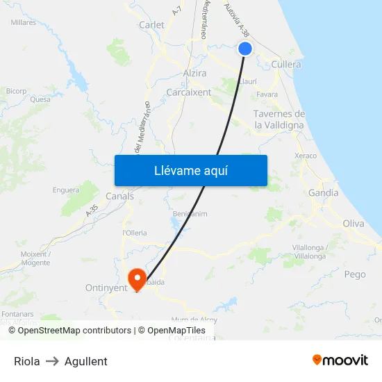 Riola to Agullent map