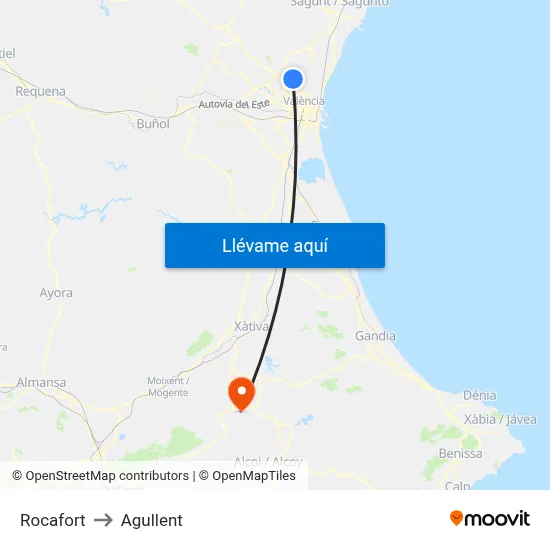 Rocafort to Agullent map