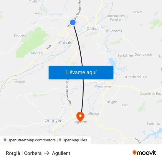 Rotglà I Corberà to Agullent map