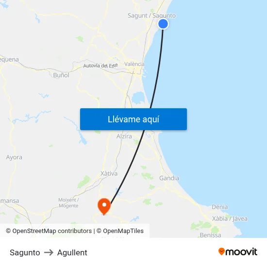 Sagunto to Agullent map