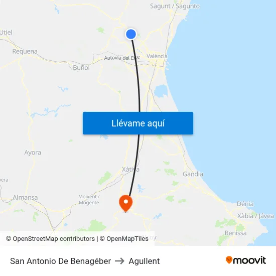 San Antonio De Benagéber to Agullent map