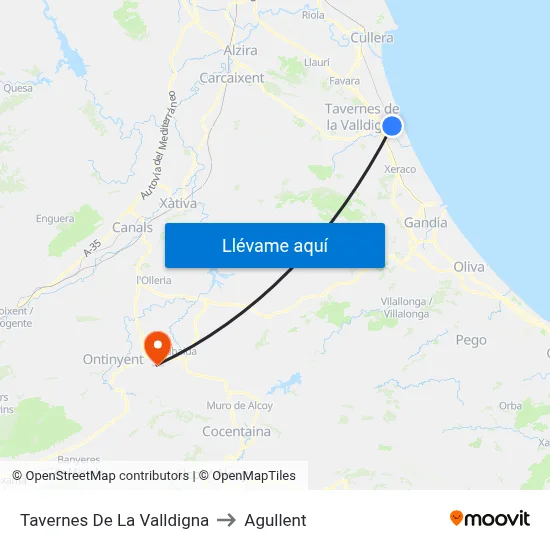 Tavernes De La Valldigna to Agullent map