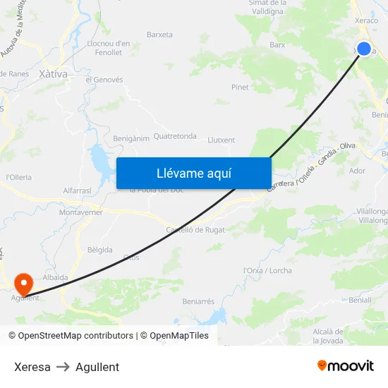Xeresa to Agullent map