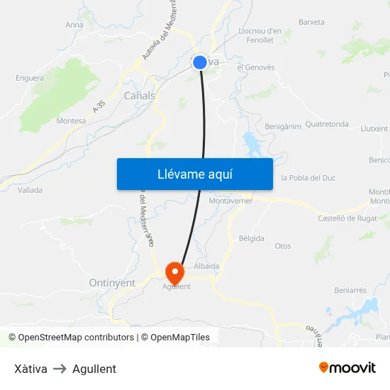 Xàtiva to Agullent map