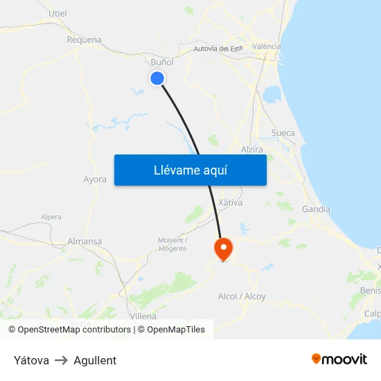 Yátova to Agullent map
