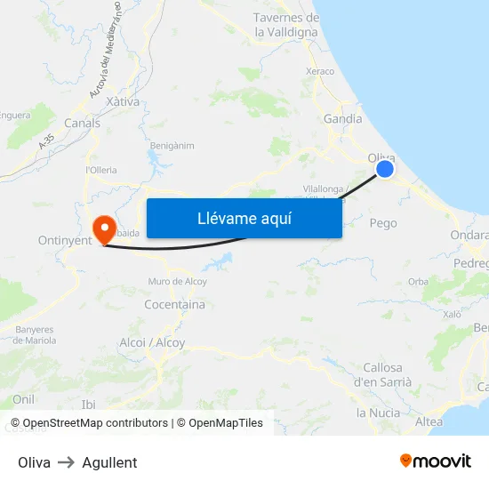 Oliva to Agullent map