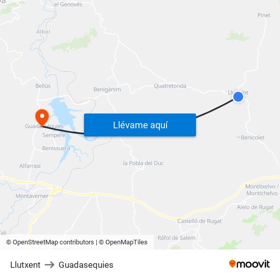Llutxent to Guadasequies map