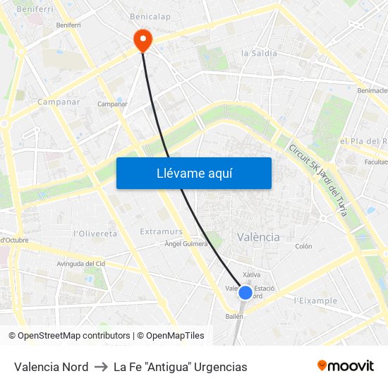 Valencia Nord to La Fe "Antigua" Urgencias map