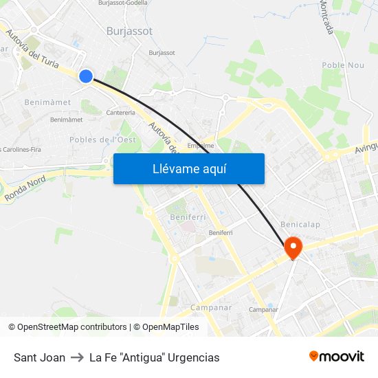 Sant Joan to La Fe "Antigua" Urgencias map