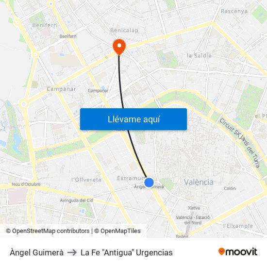 Àngel Guimerà to La Fe "Antigua" Urgencias map