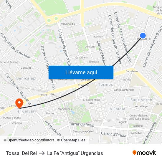 Tossal Del Rei to La Fe "Antigua" Urgencias map