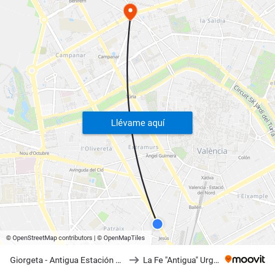 Giorgeta - Antigua Estación De Jesús to La Fe "Antigua" Urgencias map