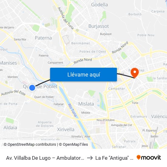 Av. Villalba De Lugo – Ambulatori [Quart De Poblet] to La Fe "Antigua" Urgencias map