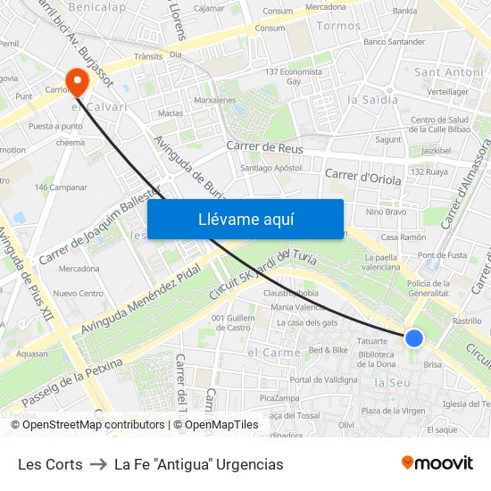 Les Corts to La Fe "Antigua" Urgencias map