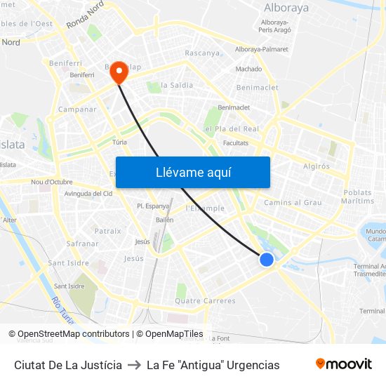 Ciutat De La Justícia to La Fe "Antigua" Urgencias map