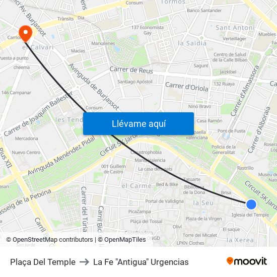 Plaça Del Temple to La Fe "Antigua" Urgencias map