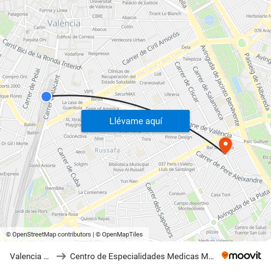 Valencia Nord to Centro de Especialidades Medicas Monteolivete map