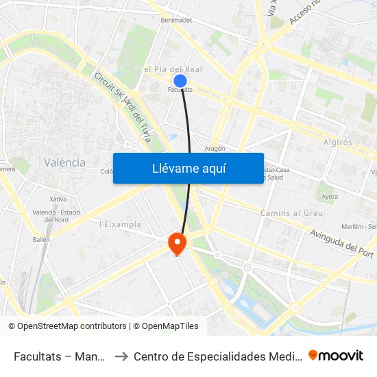Facultats – Manuel Broseta to Centro de Especialidades Medicas Monteolivete map