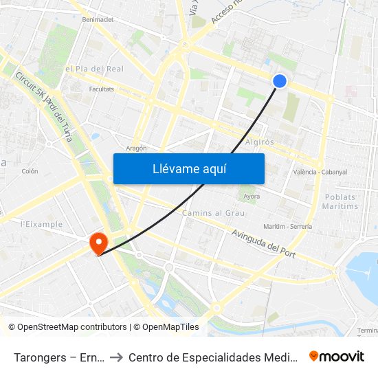 Tarongers – Ernest Lluch to Centro de Especialidades Medicas Monteolivete map