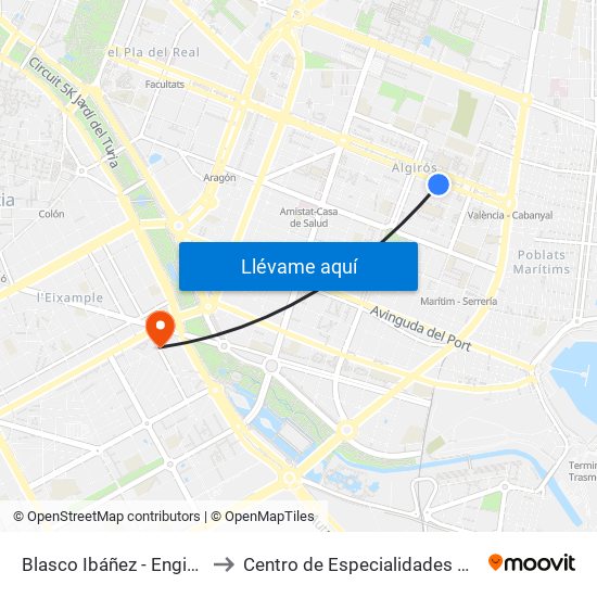 Blasco Ibáñez - Enginyer Rafael Janini to Centro de Especialidades Medicas Monteolivete map