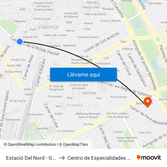 Estació Del Nord - Guillem De Castro to Centro de Especialidades Medicas Monteolivete map