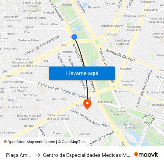 Plaça Amèrica to Centro de Especialidades Medicas Monteolivete map