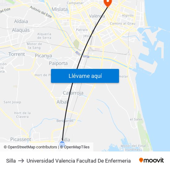 Silla to Universidad Valencia Facultad De Enfermeria map