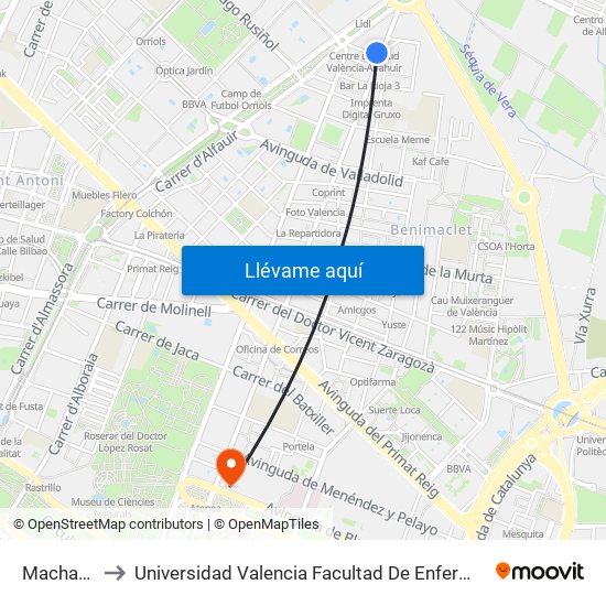 Machado to Universidad Valencia Facultad De Enfermeria map