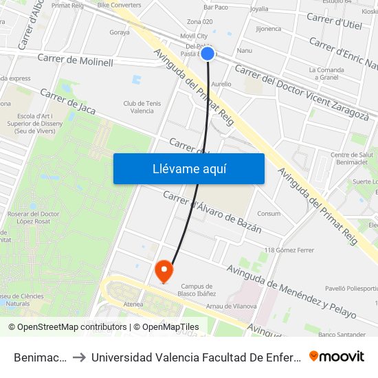 Benimaclet to Universidad Valencia Facultad De Enfermeria map