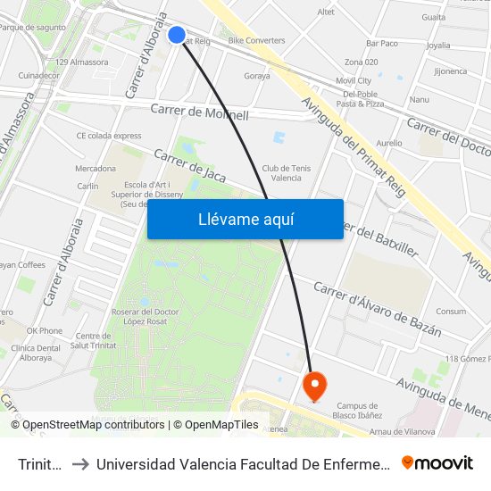 Trinitat to Universidad Valencia Facultad De Enfermeria map