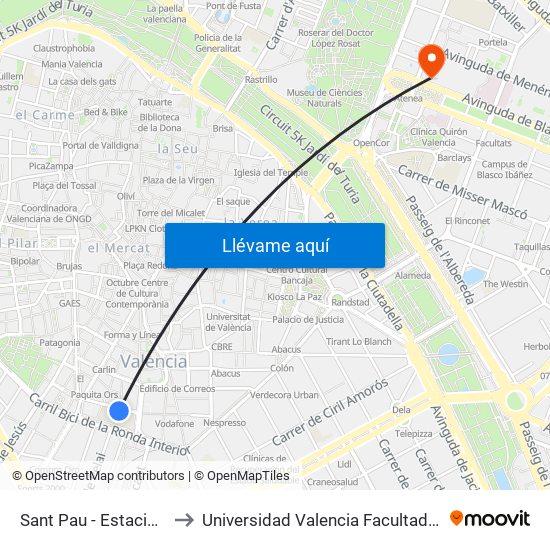 Estació Del Nord - Sant Pau to Universidad Valencia Facultad De Enfermeria map