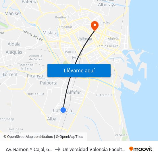 Av. Ramón Y Cajal, 68 [Catarroja] to Universidad Valencia Facultad De Enfermeria map