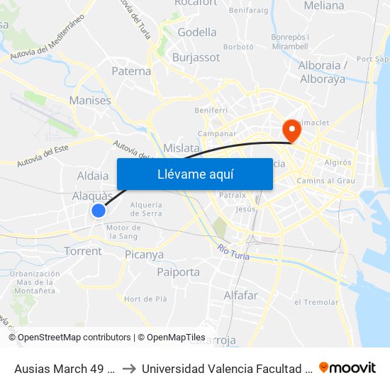 Ausias March 49 [Alaquàs] to Universidad Valencia Facultad De Enfermeria map