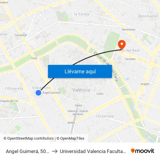 Angel Guimerá, 50 [València] to Universidad Valencia Facultad De Enfermeria map