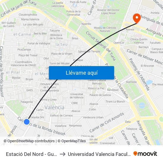 Estació Del Nord - Guillem De Castro to Universidad Valencia Facultad De Enfermeria map