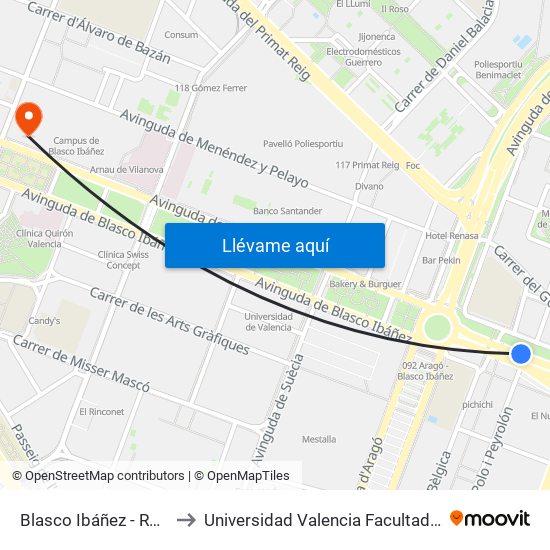 Blasco Ibáñez - Rubén Darío to Universidad Valencia Facultad De Enfermeria map