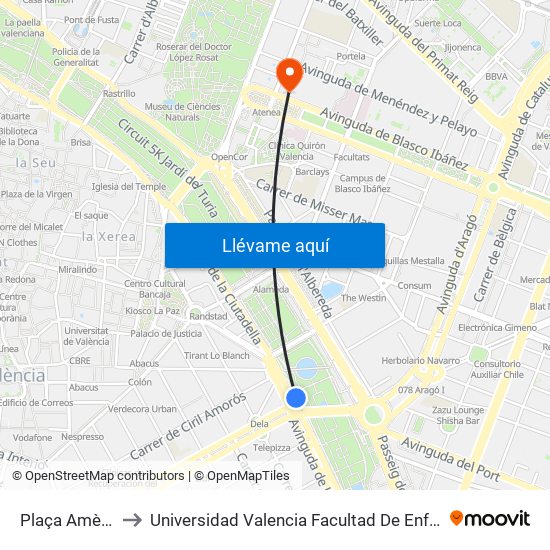 Plaça Amèrica to Universidad Valencia Facultad De Enfermeria map