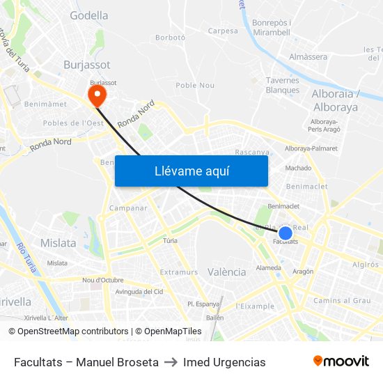 Facultats – Manuel Broseta to Imed Urgencias map