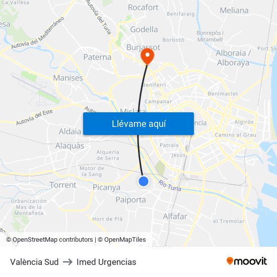 València Sud to Imed Urgencias map